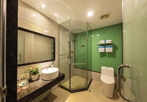 A modern bathroom with a glass-enclosed shower, a white sink, and a toilet. - Park Lane Yiju Hotel (Jiangmen Taishan Pedestrian Street Pinghu Road) (Taishan)