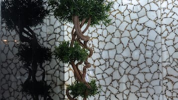 A modern interior with a stone wall, a bonsai tree, and black furniture.