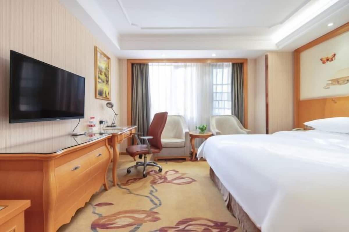 Une chambre d’hôtel avec un grand lit, un bureau doté d’un téléviseur à écran plat, une chaise, une petite table avec une plante et une fenêtre avec des rideaux.