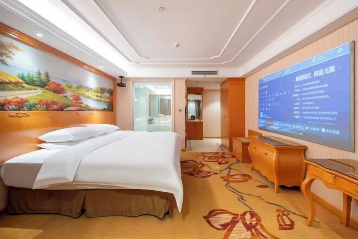 Une chambre d’hôtel avec un lit, une télévision, un tableau au mur et une moquette à motifs floraux.