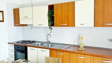 Fridge, oven, coffee/tea maker, cookware/dishes/utensils