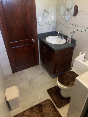 Combined shower/bathtub, towels, toilet paper