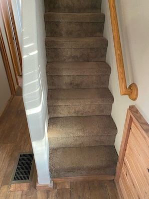 A carpeted staircase with wooden handrails and a white wall.