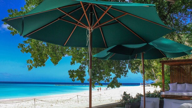 Una zona relax in spiaggia con un ampio ombrellone verde, mobili in vimini e vista sull'oceano.