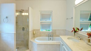 A bathroom with a walk-in shower, a bathtub, and a sink with a mirror.