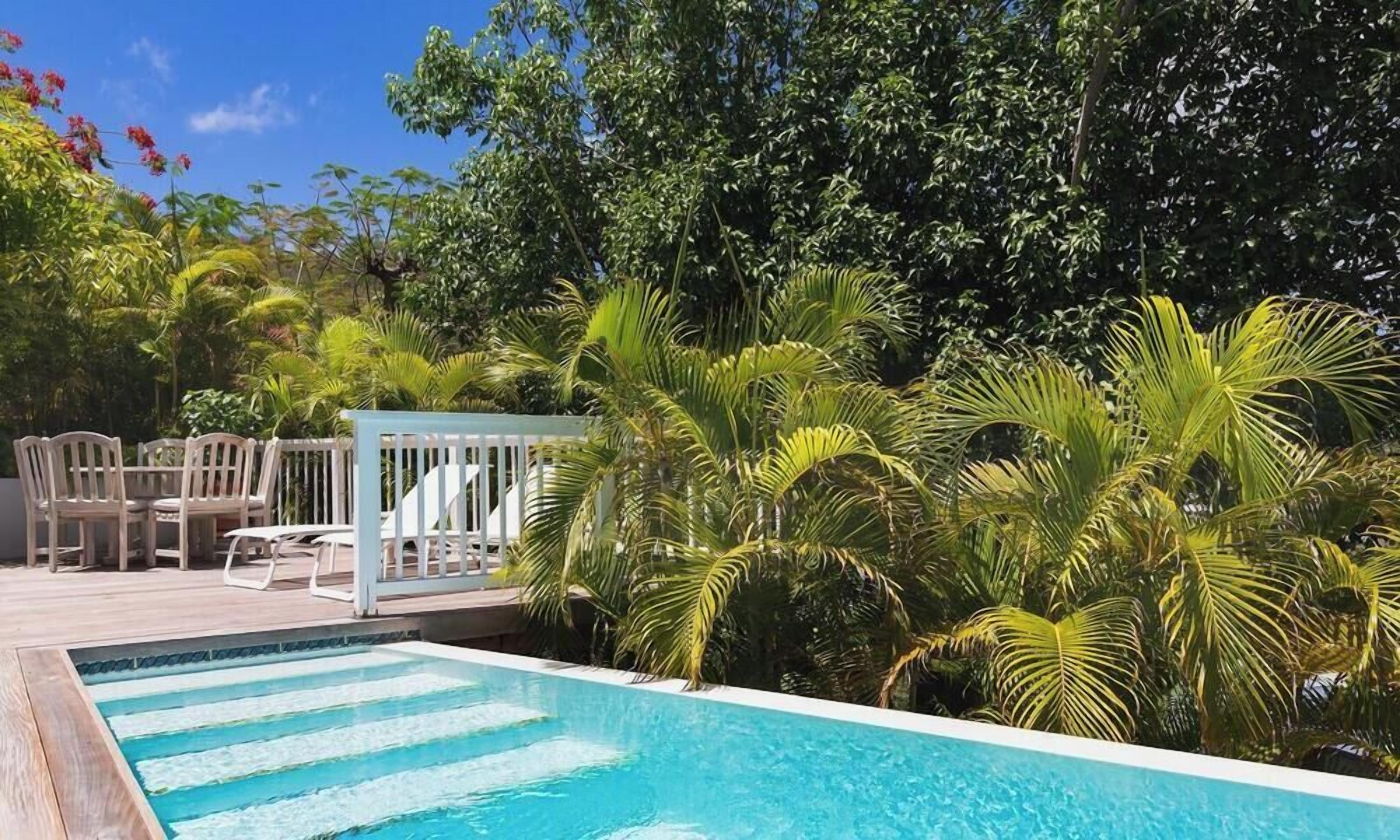 Une piscine dotée d’une terrasse en bois, entourée d’une végétation luxuriante et de palmiers.