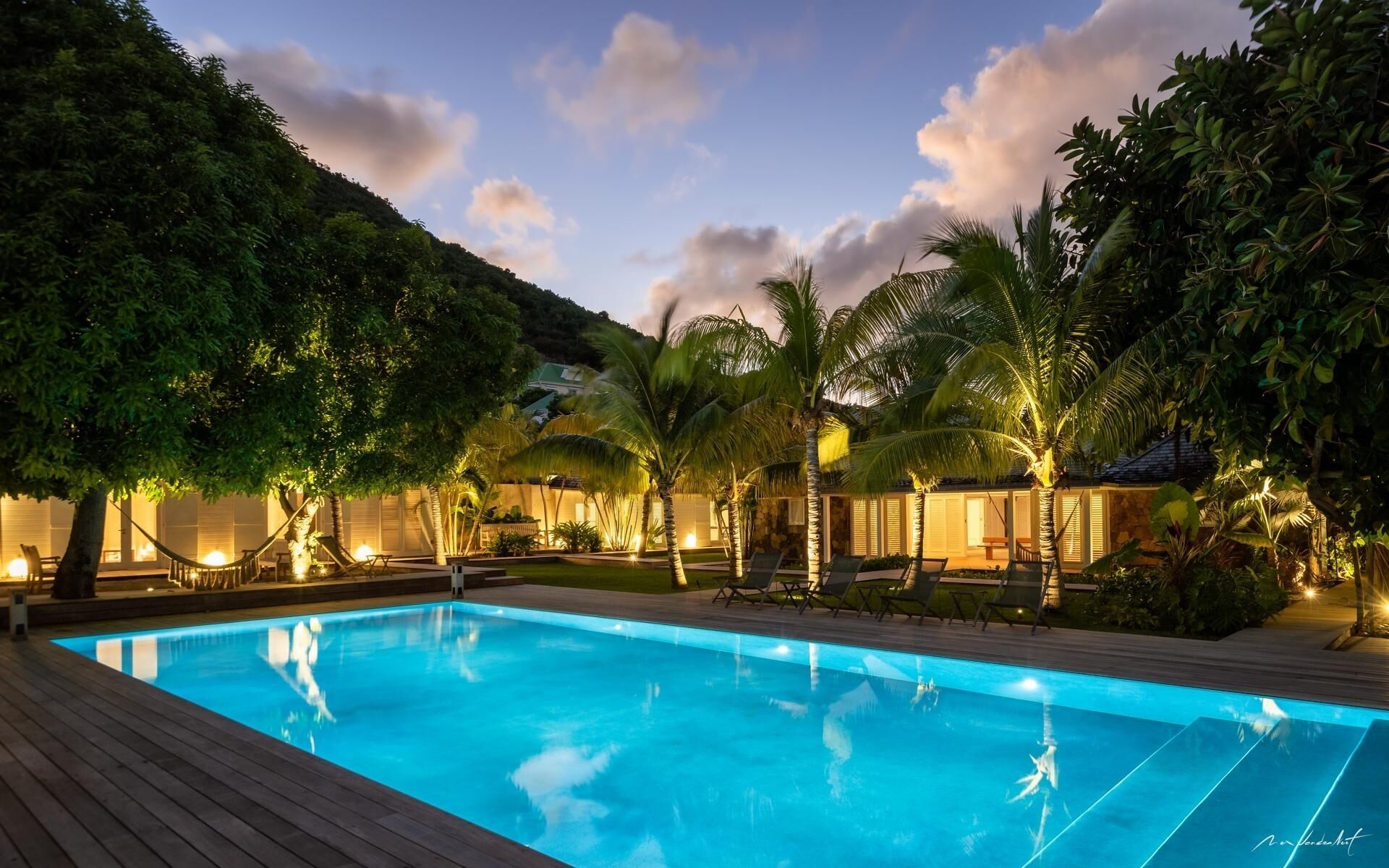 A swimming pool surrounded by palm trees and lounge chairs, with a view of a mountain in the background.