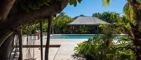 A wooden deck leading to a swimming pool with a house in the background surrounded by tropical vegetation.