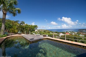 Una piscina con agua cristalina, rodeada de palmeras y tumbonas, con vistas a un pueblo costero.