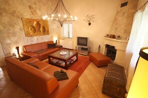 TV, fireplace, DVD player, books