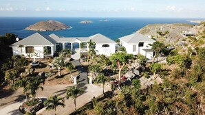 A coastal property with multiple white buildings, a landscaped garden with palm trees, and a view of the ocean and distant islands. - Beautiful Byzance Luxury villa (St Barts)