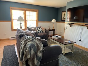 Smart TV, fireplace, DVD player