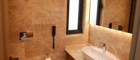 A modern bathroom with a toilet, sink, and mirror.