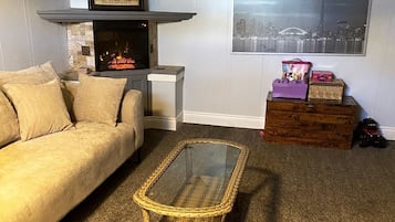 Smart TV, fireplace, DVD player, books