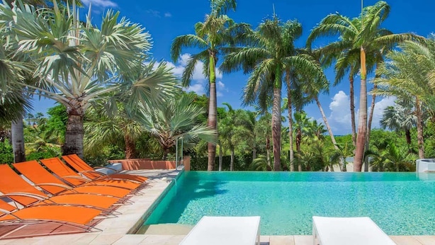 A pool area with clear blue water, surrounded by palm trees and lounge chairs. - Les Palmiers Bleus Luxury villa (Les Terres Basses)