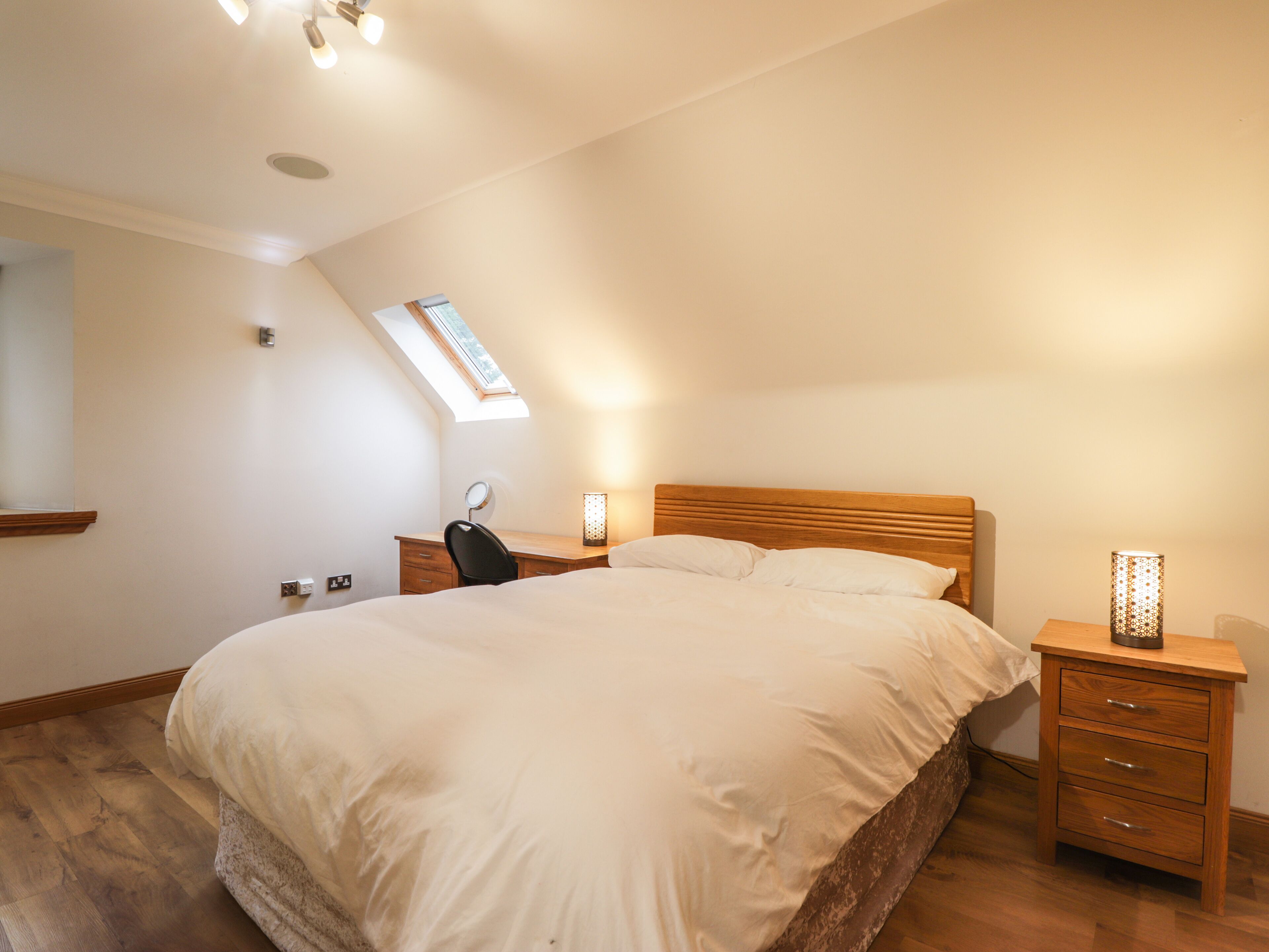 Camera da letto con un letto grande, una scrivania con sedia, un comodino con lampada e un lucernario.
