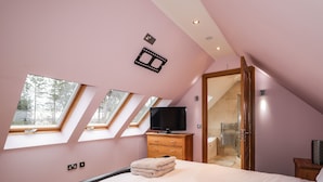 A bedroom with a bed, a TV, a wooden dresser, a mirror, and skylights. - 1 The Coach House (Elgin)