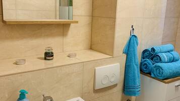 Shower, hair dryer, towels, soap