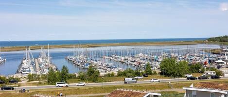 Un puerto deportivo con numerosos barcos amarrados, rodeado de edificios residenciales y un cielo despejado.