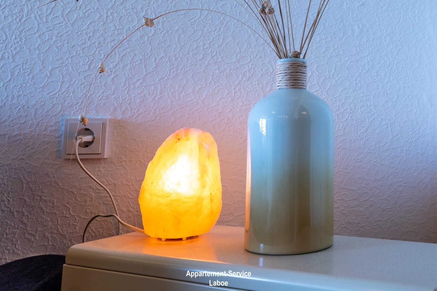 Une lampe de sel et un vase contenant des plantes séchées sont posés sur une table, devant un mur à texture.