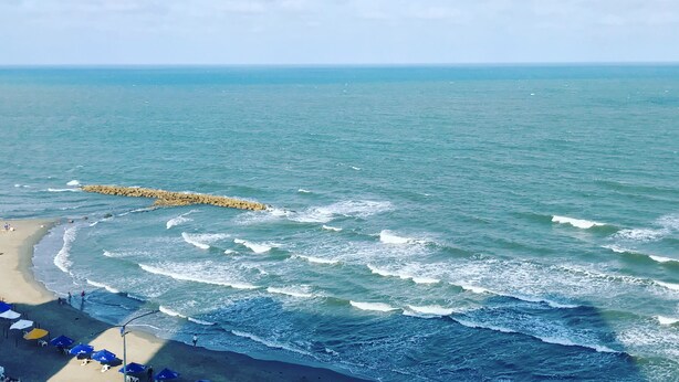 Una spiaggia con onde, un molo e ombrelloni.