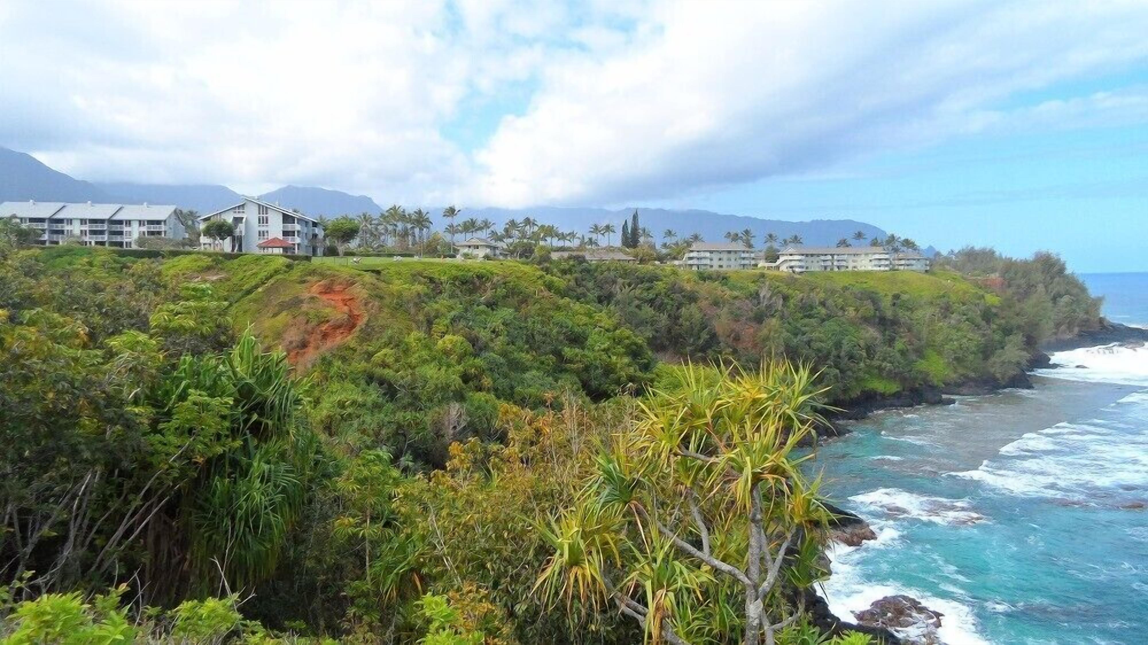 Un hôtel situé sur la côte, composé de plusieurs bâtiments, entouré d’une végétation luxuriante et offrant une vue sur l’océan.