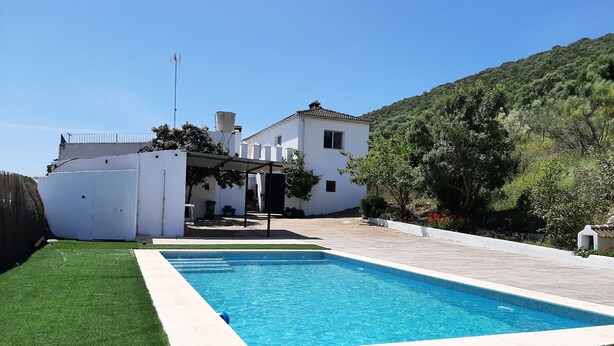 A swimming pool with a white house in the background.