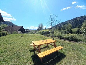 A picnic table in a grassy area with a mountain backdrop.