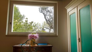 A room with a window overlooking trees, a desk with a chair, and a green door. - Masseria Ferarelli - "Rizzeddrha" Room with Patio (Diso)