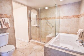 Bathtub, jetted tub, towels, soap