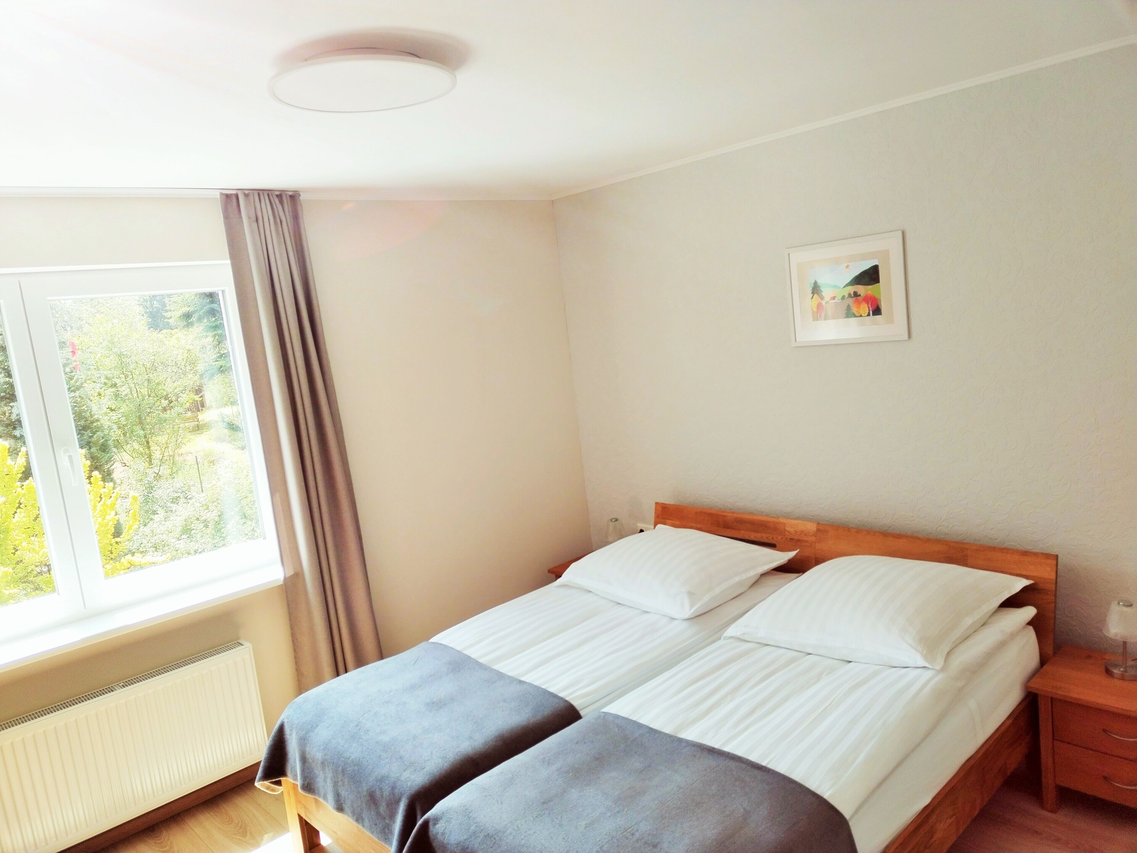 A bedroom with a bed, a bedside table, a window with curtains, a radiator, and a framed picture on the wall.