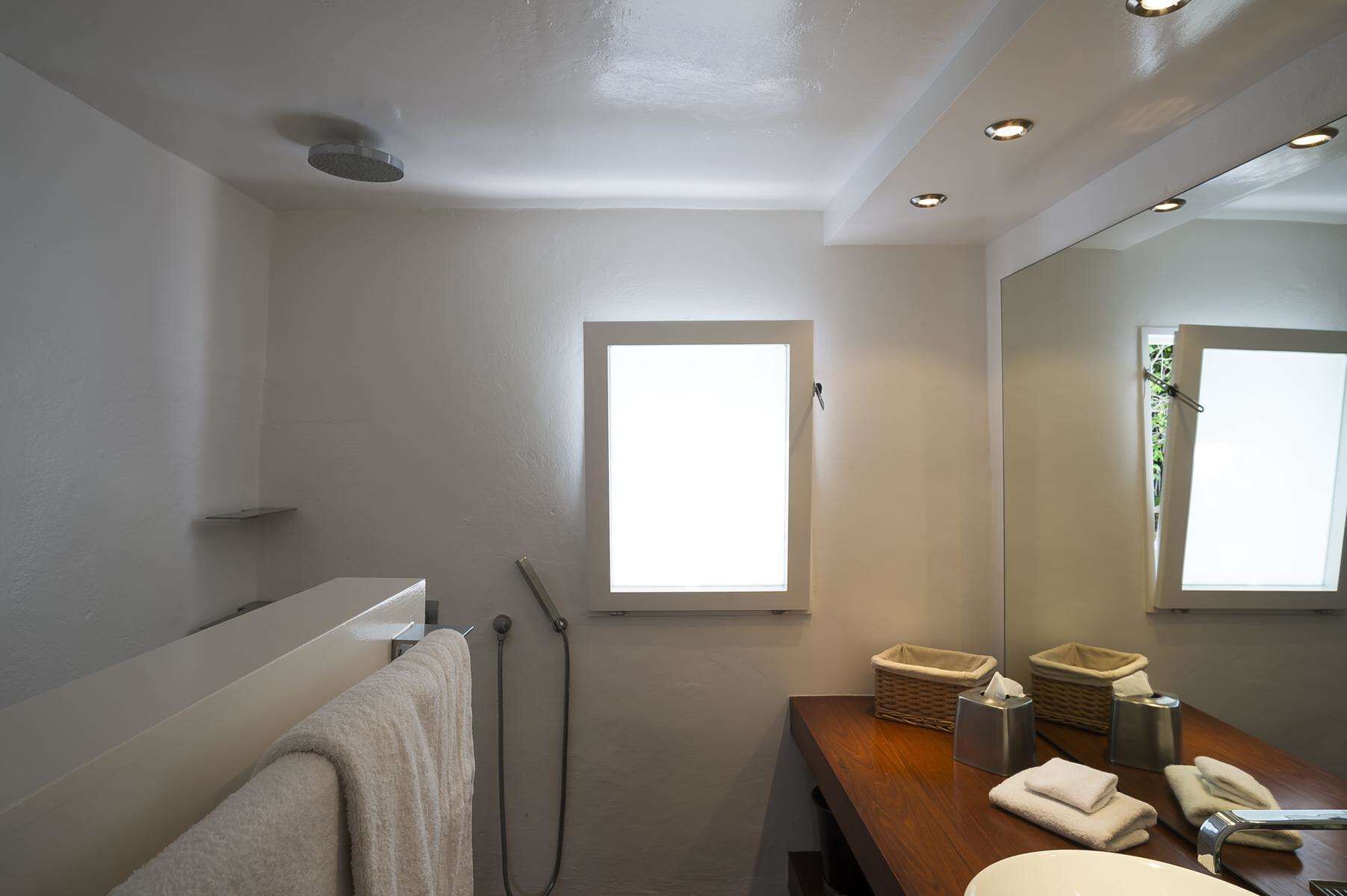 A modern bathroom with a shower, a sink, a mirror, and a window.