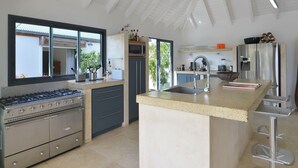 A modern kitchen with a gas stove, stainless steel appliances, a large island with a sink, and a view of the outdoors through a sliding door.
