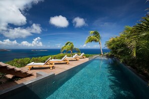 Une piscine bordée de chaises longues et de palmiers, avec une vue imprenable sur un océan d’un bleu limpide.