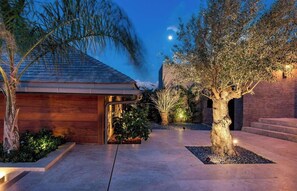 A modern house with a sloped roof, a wooden exterior, and a well-lit garden area at dusk.