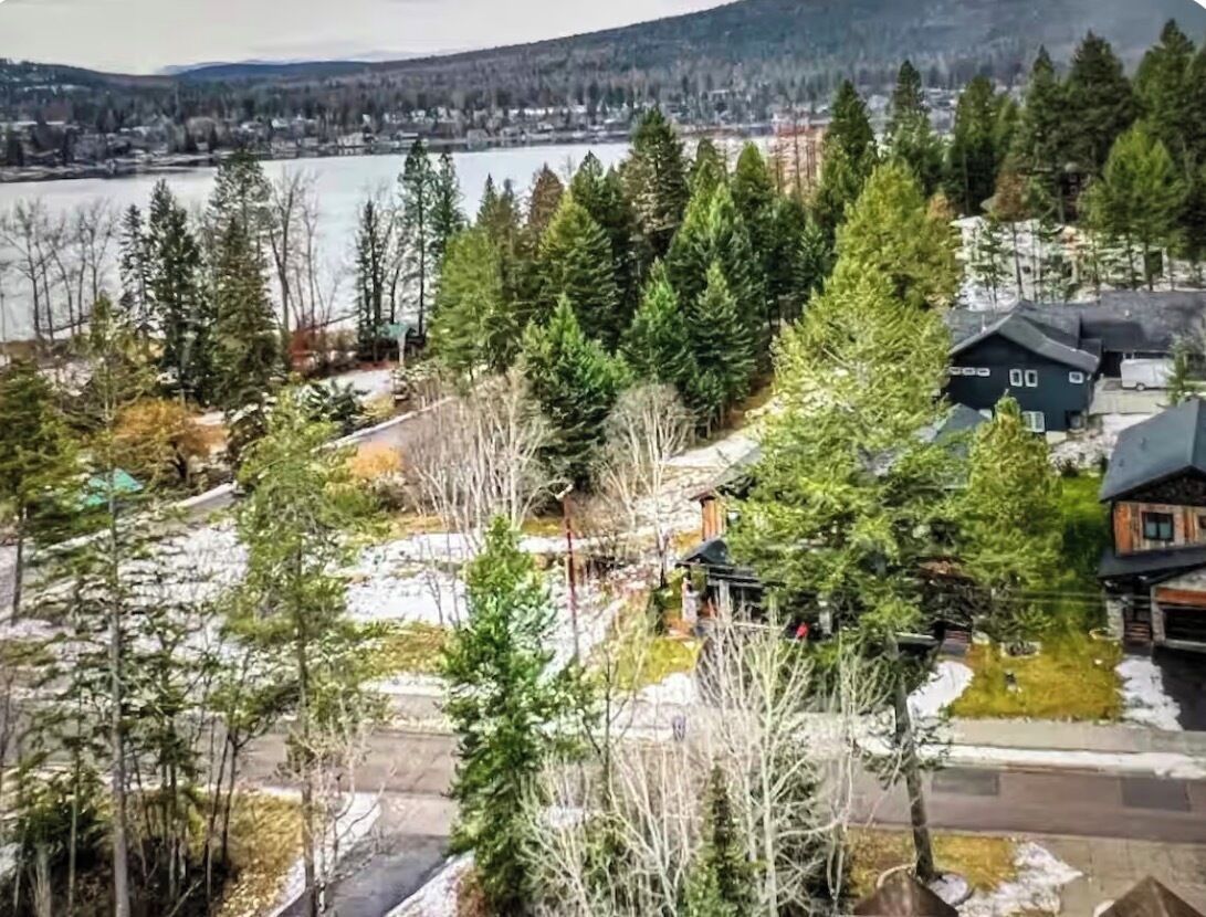 Un barrio residencial con casas, un lago y árboles frondosos.