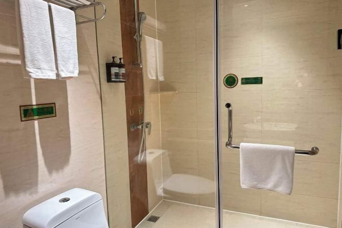 A modern bathroom with a glass shower enclosure, a toilet, and a sink.
