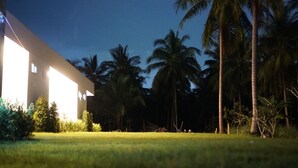 A building with a well-lit facade, surrounded by palm trees and a grassy area.