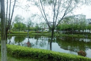 Un estanque tranquilo rodeado de árboles y un edificio al fondo.