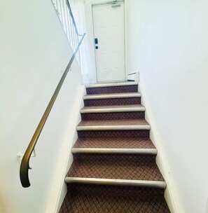 A staircase with a handrail and carpeted steps leading to a white door.