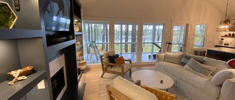 Smart TV, fireplace, books