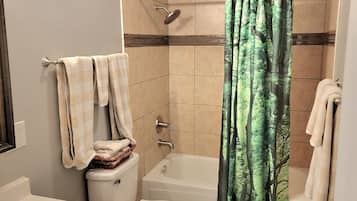 Combined shower/tub, hair dryer, towels, soap