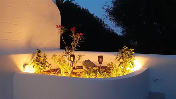 A white outdoor planter with plants and rocks, illuminated by warm lighting. - Louis Residence (Paros)
