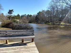 A wooden dock extending into a calm river, surrounded by trees and a clear sky. - Perfect Family Space (Macon)