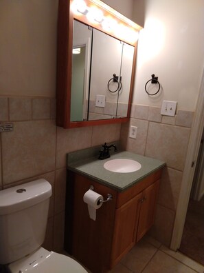 Une salle de bain avec des toilettes, un lavabo et un miroir.