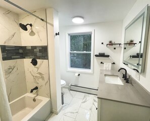 Shower, hair dryer, towels, soap - Modern 3BR Retreat Near Woodstock, 2 Baths, Deck (Saugerties)