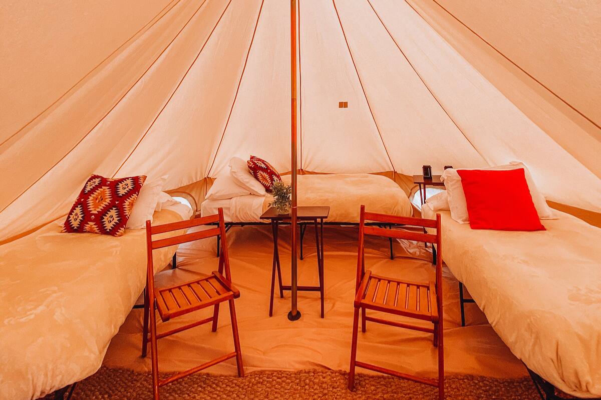 Tent, 3 Single Beds, Shared Bathroom | Down duvets, individually decorated, individually furnished, bed sheets