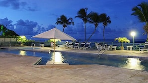 A swimming pool with lounge chairs and umbrellas, surrounded by palm trees and a view of the ocean.