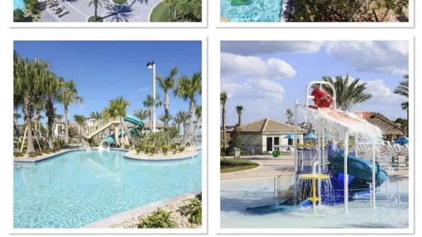 A water park with multiple pools, slides, and palm trees.