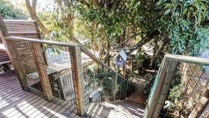 Eine Holzterrasse mit einem Metallzaun und einer Treppe zu einem überdachten Bereich.